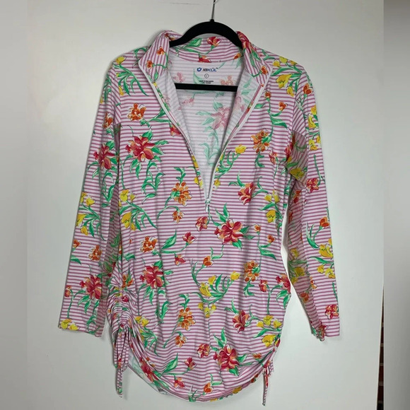 IBKUL Womens Top Large 1/4 Zip UPF Long Sleeve Pink Floral Mesh Golf Pickleball - Picture 4 of 14